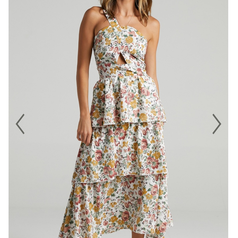 CARO MIDI DRESS - ONE SHOULDER TIERED DRESS IN MULTI FLORAL From SHOWPO